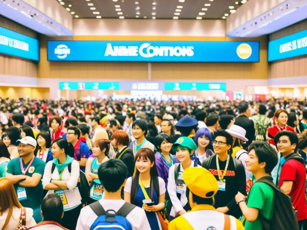 Convención de anime llena de fans entusiastas, disfrutando de cosplay, comprando y debatiendo