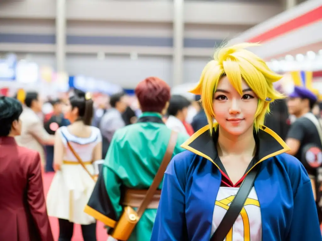 Convenciones de anime alrededor del mundo: Hall bullicioso con cosplayers, stands coloridos y atmósfera llena de emoción y camaradería