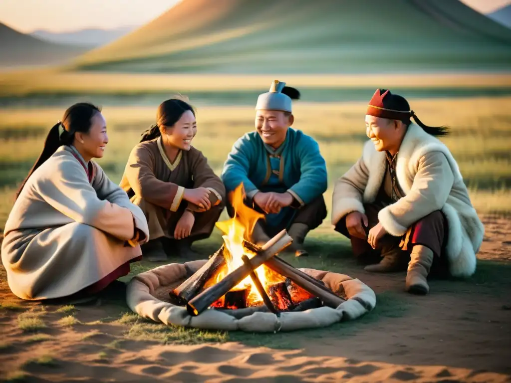 Convivencia con nómadas mongolas alrededor de la fogata en la vasta estepa, inmersos en sus tradiciones y comunidad