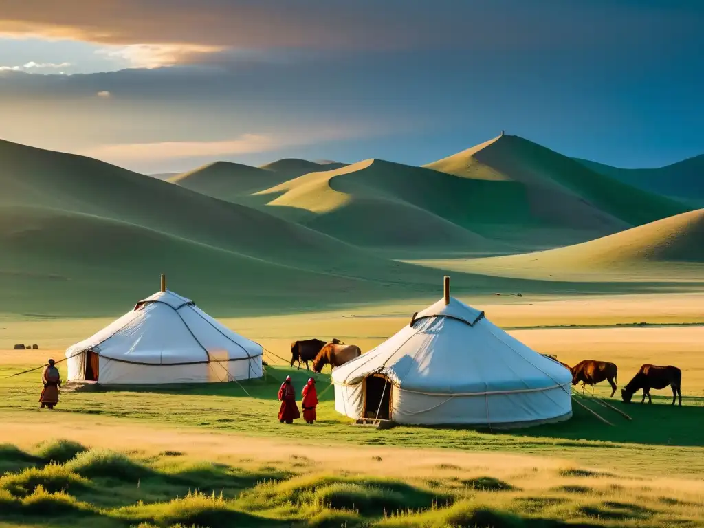 Convivencia con nómadas mongolas en la idílica estepa, con yurtas tradicionales y vestimenta colorida, bajo el cálido sol poniente