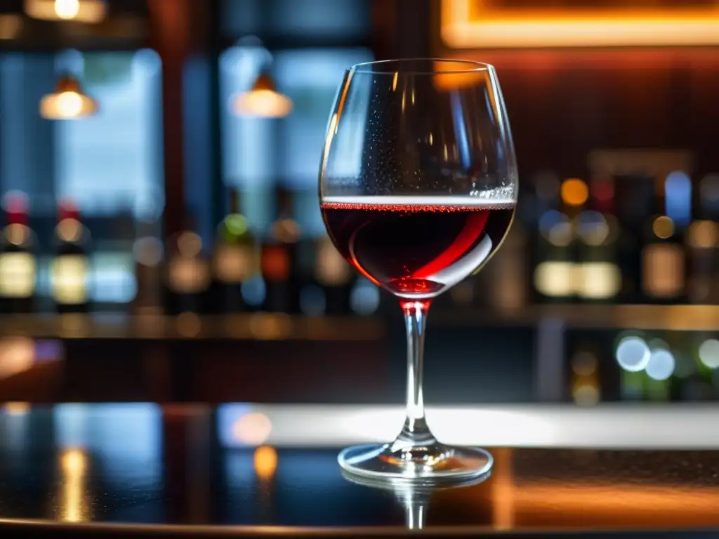 Una copa de vino tinto Cabernet Sauvignon en un elegante bar de hotel en Asia, con un cóctel artesanal al fondo