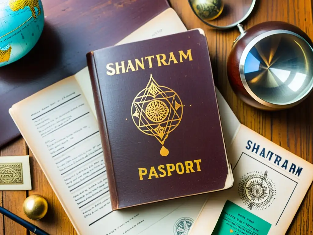 Una copia desgastada de 'Shantaram' con arte indio, notas manuscritas, pasaporte y globo terráqueo vintage