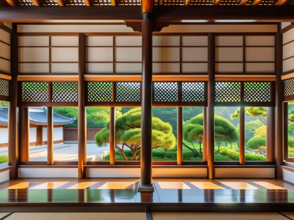 Casa Hanok tradición coreana: Detalle de la delicada madera entrelazada y la luz cálida filtrándose, evocando elegancia y armonía con la naturaleza