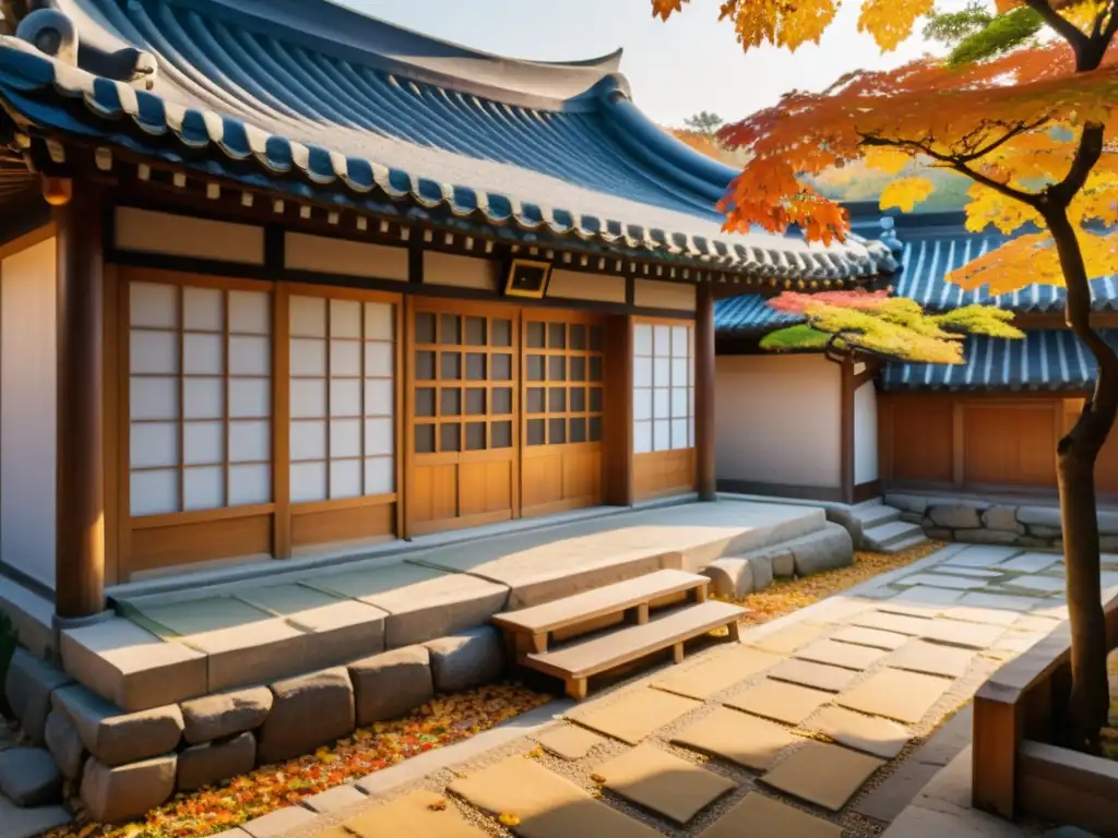 Casa Hanok tradición coreana rodeada de vibrantes colores otoñales, con detalles arquitectónicos y tejado de tejas