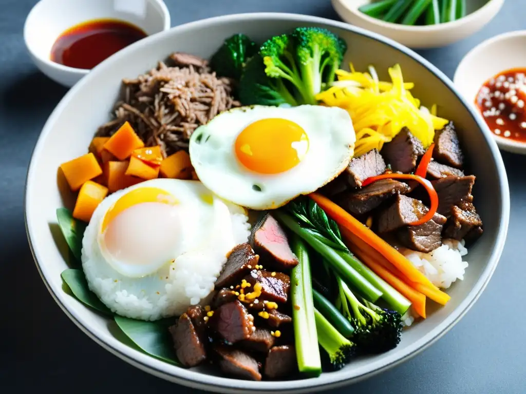 Bibimbap coreano gourmet: colores, texturas y sabores intensos en un plato de arroz con carne, huevo, verduras y salsa gochujang