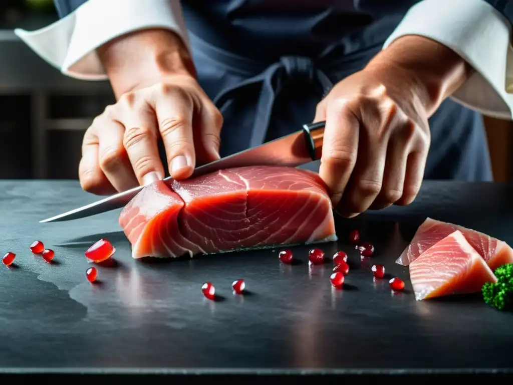 Un hábil chef corta con precisión sashimi de atún en una cocina de fusión asiática en restaurantes, demostrando maestría y destreza culinaria