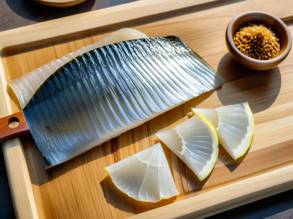 El corte preciso del pescado Hwangtae seco en la cocina coreana crea una atmósfera de misterio y tradición