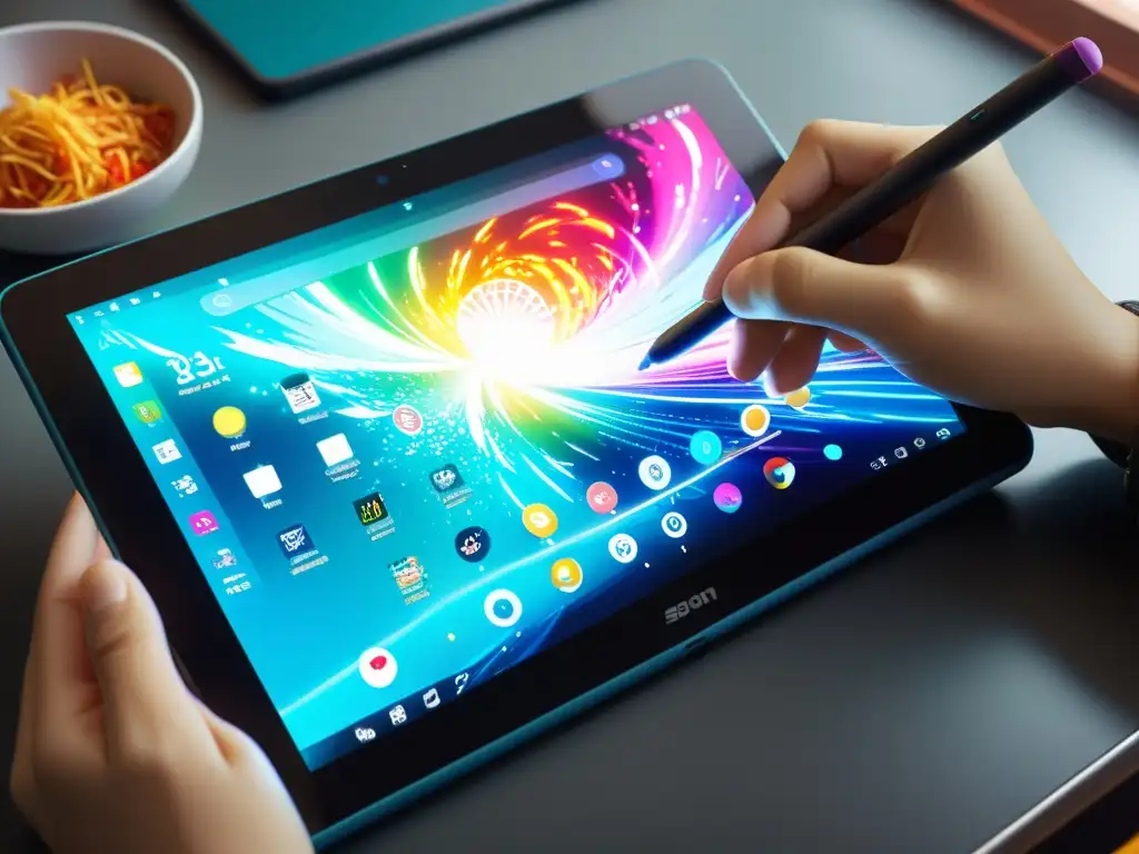 Creación detallada de arte anime en tablet, reflejando el talento y la concentración