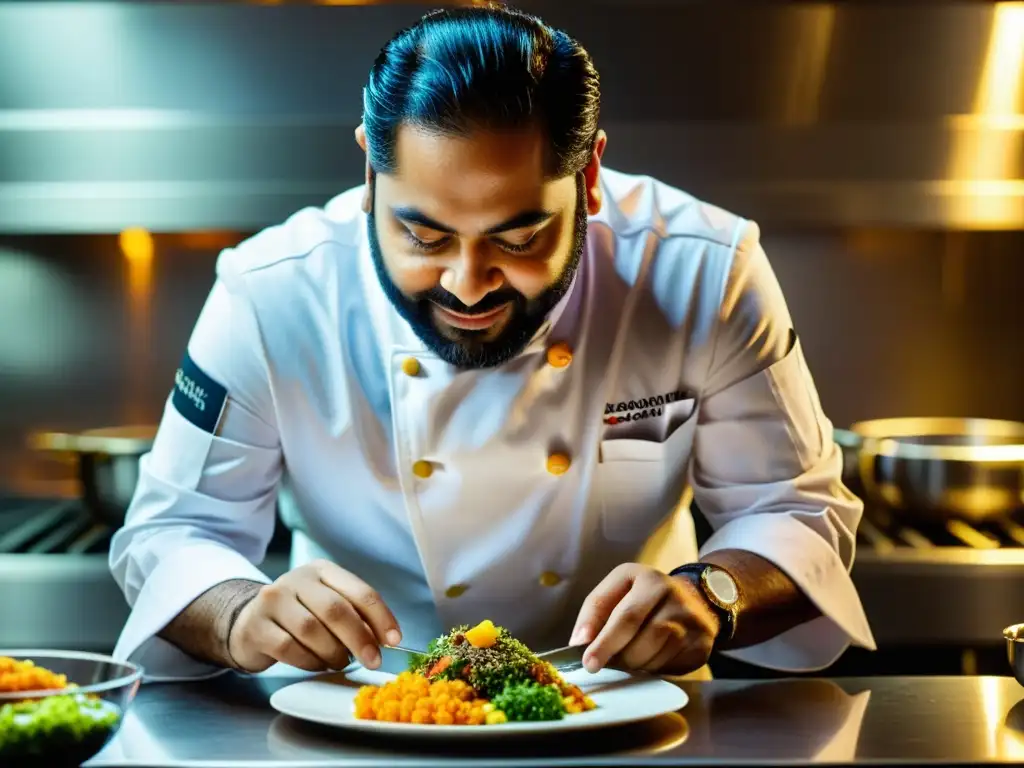 Chef Gaggan Anand preparando una creación impresionante en su restaurante, mostrando arte comestible con precisión y creatividad