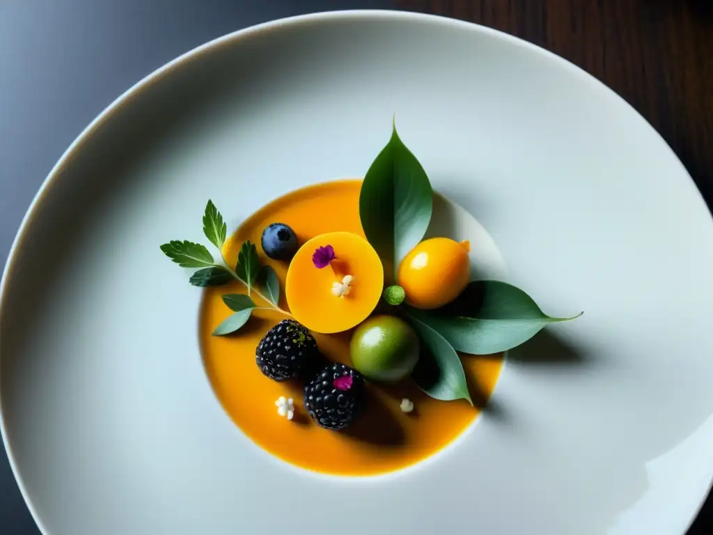 Una creación meticulosa en Le Du, Bangkok, exhibe una sinfonía de ingredientes vibrantes y delicados en un plato artísticamente dispuesto