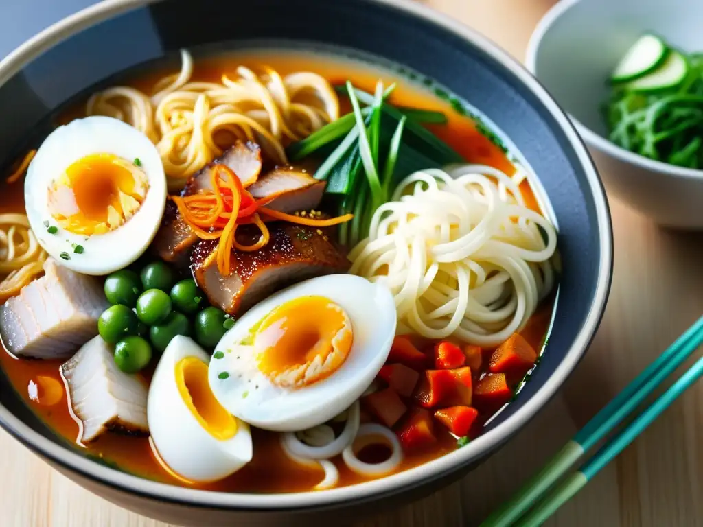 Una creación moderna de ramyeon, con vibrantes colores y texturas