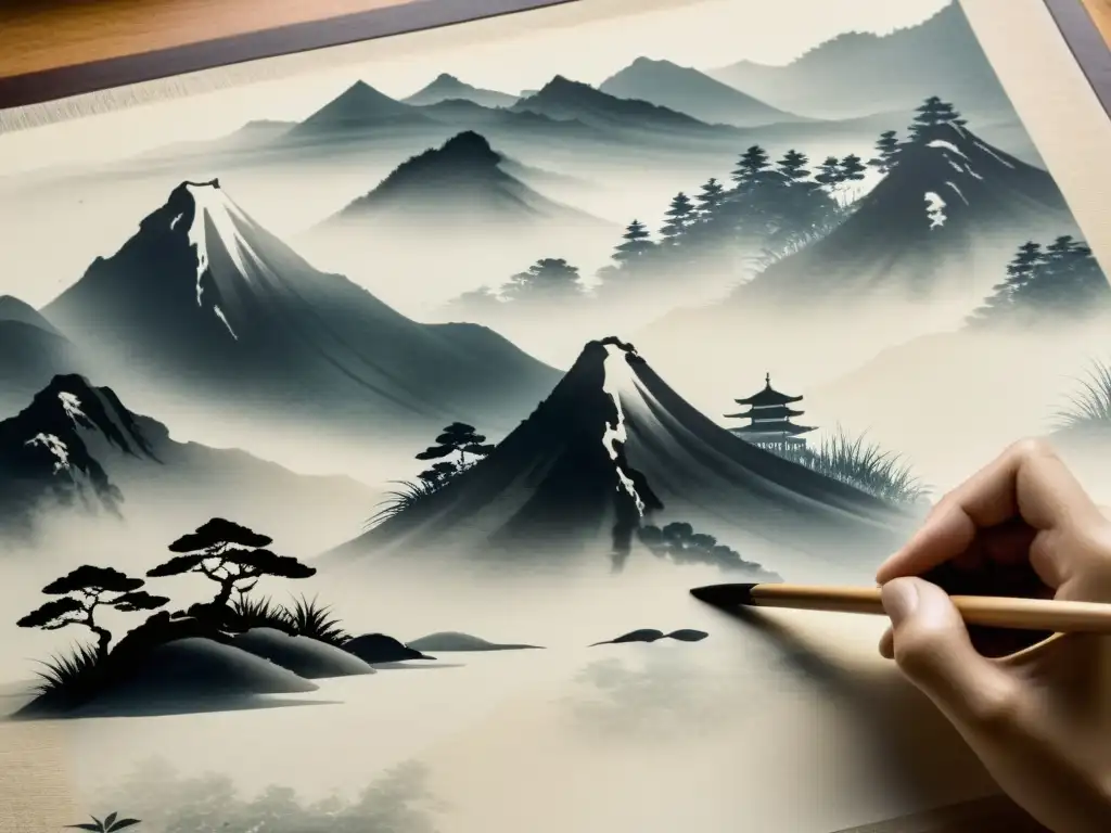 Creación de pintura japonesa en papel de arroz, reflejando la esencia del minimalismo asiático en arte moderno