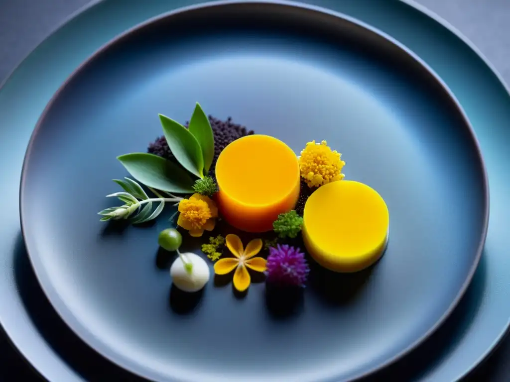 Creaciones impresionantes arte comestible: Fotografía detallada de postre sofisticado de Gaggan Anand en elegante plato, con colores vibrantes y detalles exquisitos