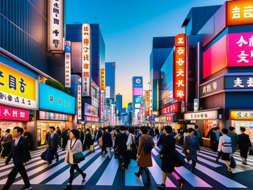 'Crisis existencial en la modernidad asiática: Calles bulliciosas de Tokio con luces neón, personas y arquitectura tradicional y moderna