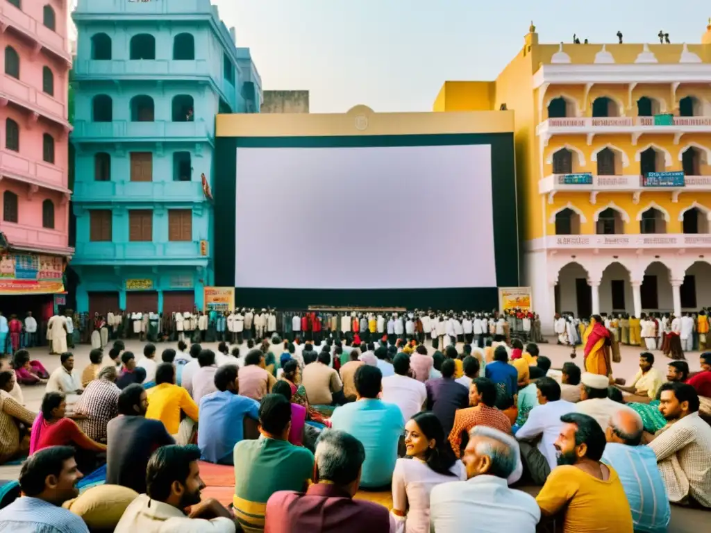 Crowded street in India with vibrant outdoor movie theater, representing Indian cinema and its role in addressing conflicts