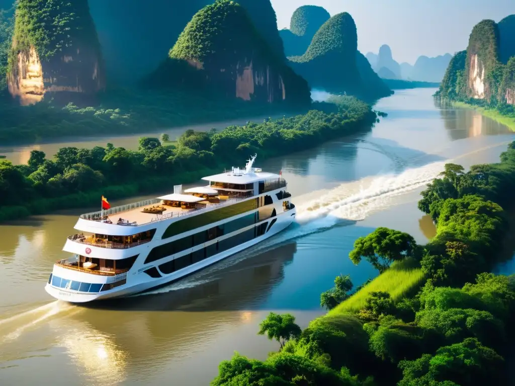 Un crucero de lujo por el Mekong, navegando entre paisajes exuberantes, con pasajeros disfrutando de la serena travesía