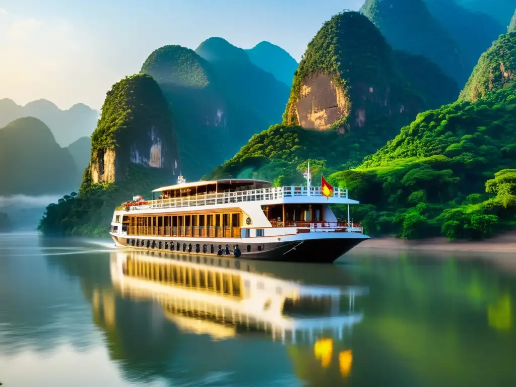 Crucero de lujo por el Mekong al amanecer, rodeado de montañas y exuberante vegetación