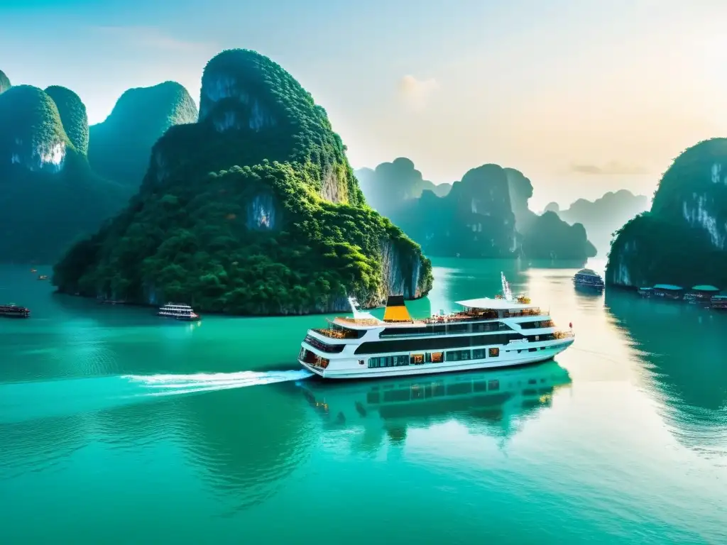 Crucero privado navegando en la Bahía de Halong, Vietnam, entre karsts y atardeceres, con pasajeros disfrutando de la exclusividad y belleza natural