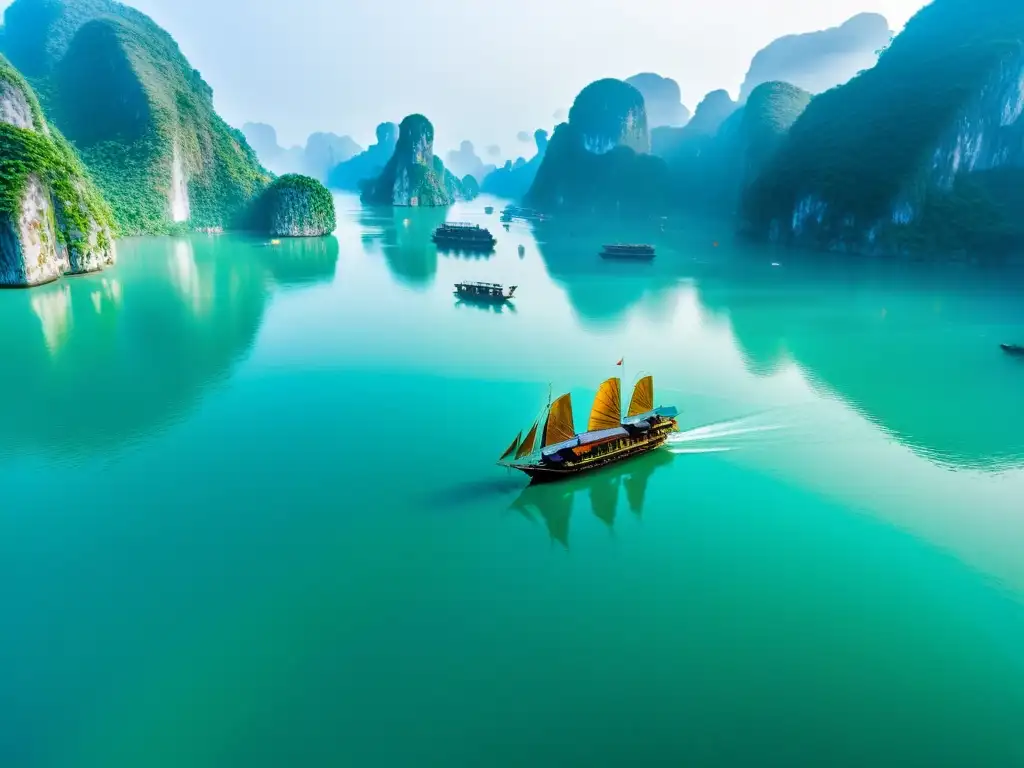 Cruceros privados en la mística y serena Bahía de Halong, con aguas esmeralda, barcos tradicionales y picos de piedra envueltos en neblina