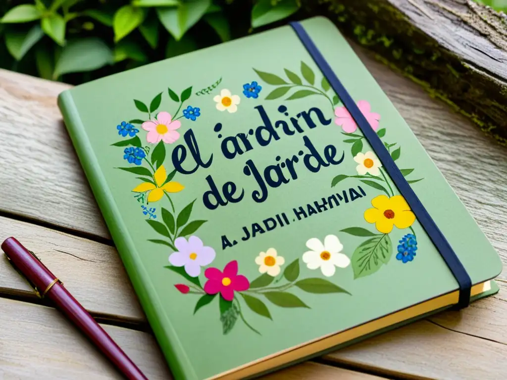 Un cuaderno desgastado con 'El jardín de la tarde' en caligrafía rodeado de exuberante vegetación y flores