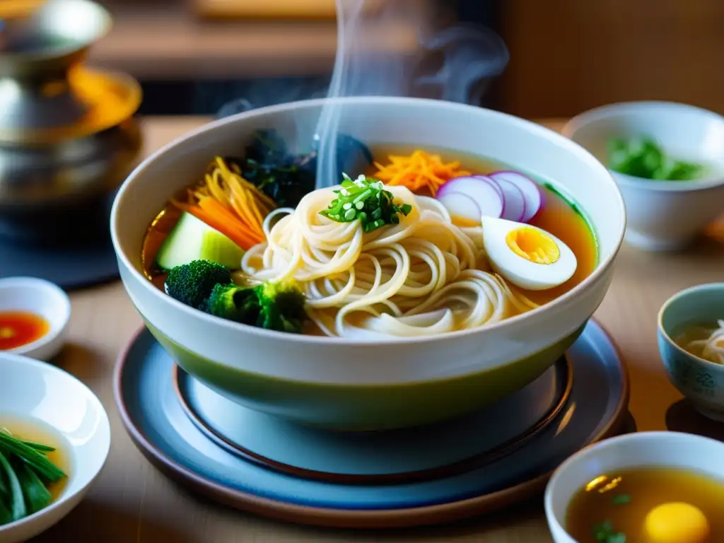 Un cuenco humeante de Janchi Guksu, con fideos hechos a mano, verduras coloridas y caldo aromático