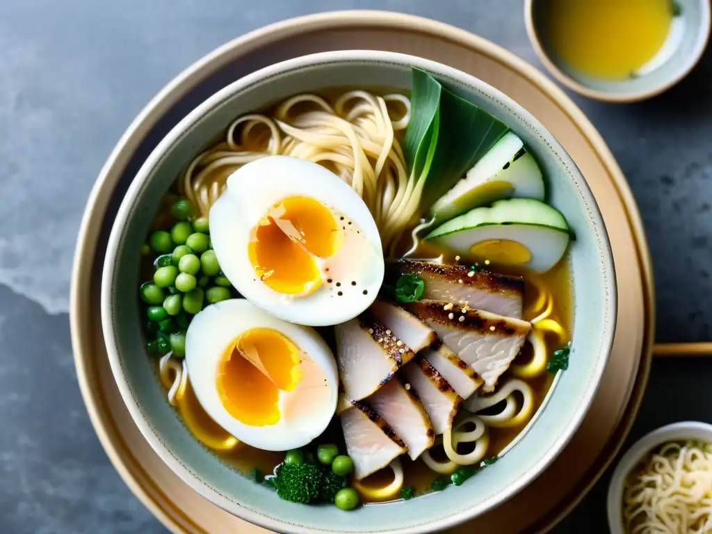 Un cuenco de ramen gourmet con chashu, huevo, cebollino y aceite de sésamo, reflejando el boom del ramen global