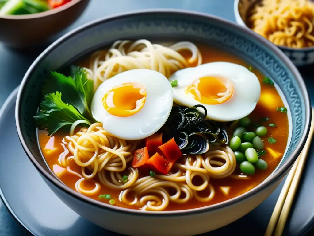 Un cuenco de ramyeon humeante, con fideos elásticos y caldo sabroso, resalta sobre cerámica coreana