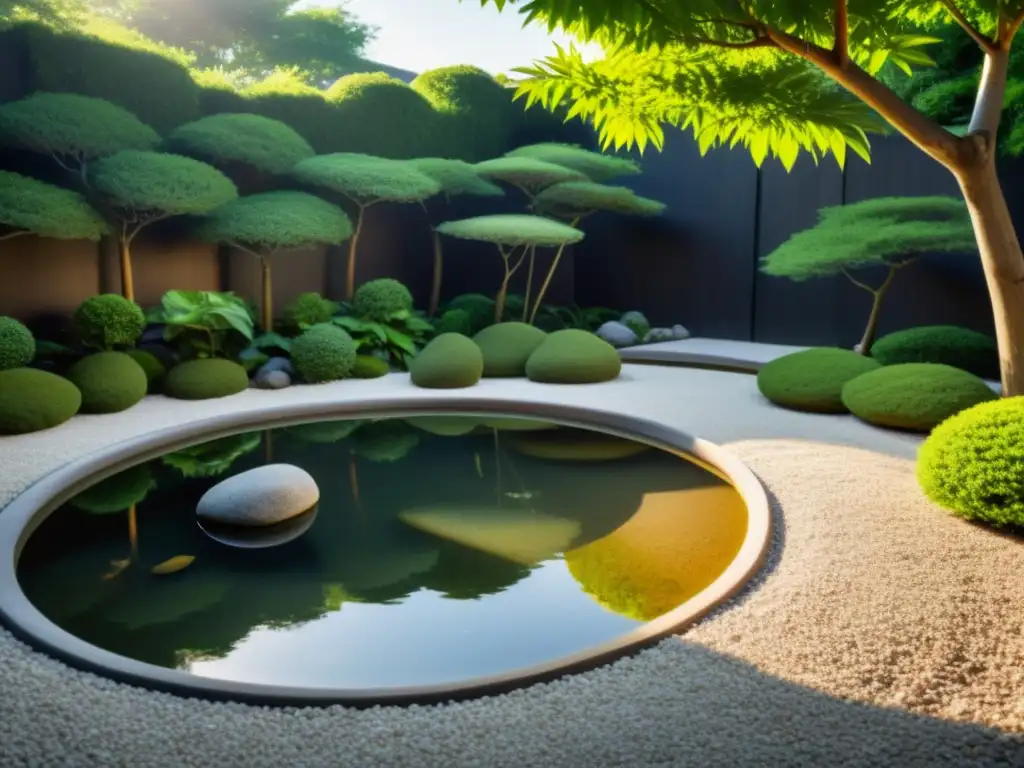 Meditación Zen transformación cuerpo mente en un hermoso jardín Zen con rocas, grava, vegetación exuberante y un sereno estanque