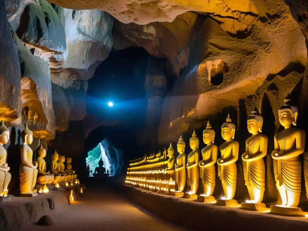 Explora las Cuevas Sagradas Monjes Asia con sus antiguas estatuas de Buda en un ambiente místico y reverente