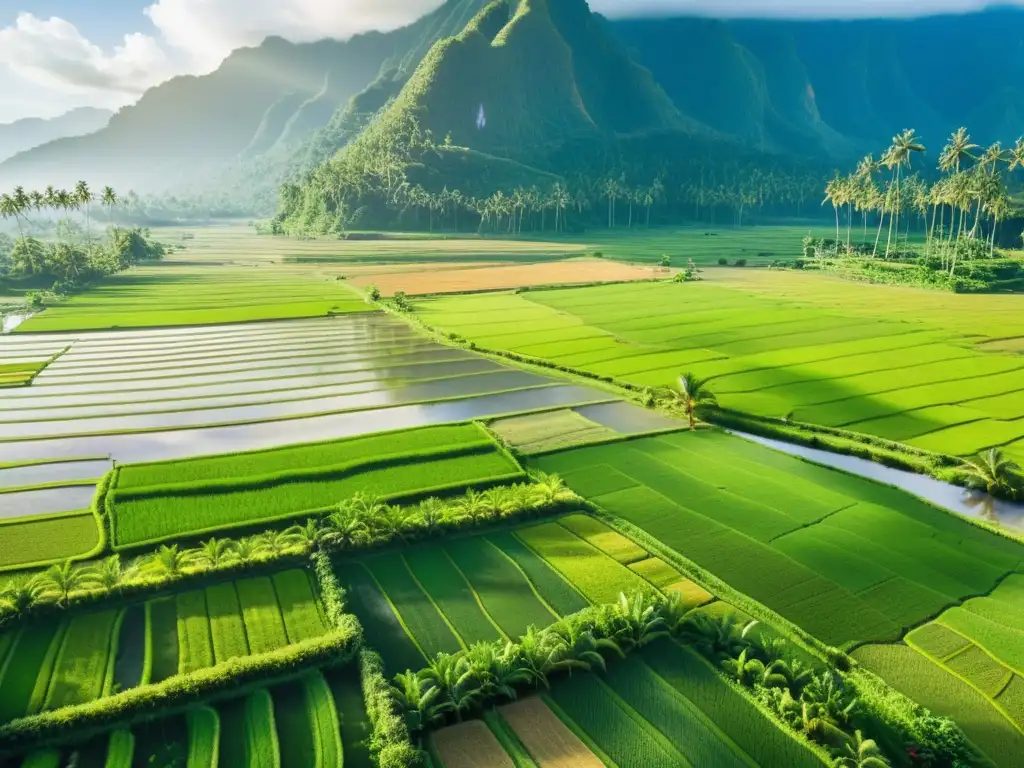 Adaptación de cultivos a estaciones en Asia: Impresionante vista aérea de arrozales verdes, palmeras y montañas brumosas, con granjeros trabajando