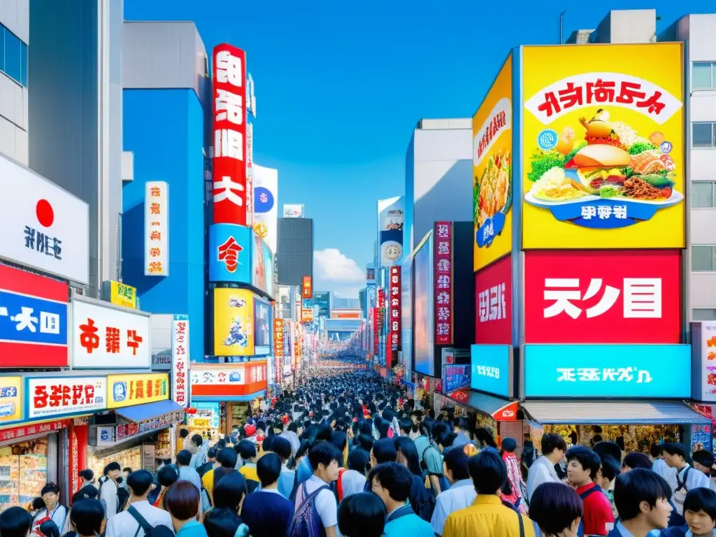 Akihabara, Tokio: Globalización del anime y cultura en una escena urbana vibrante y dinámica, con vallas publicitarias coloridas y tiendas de anime