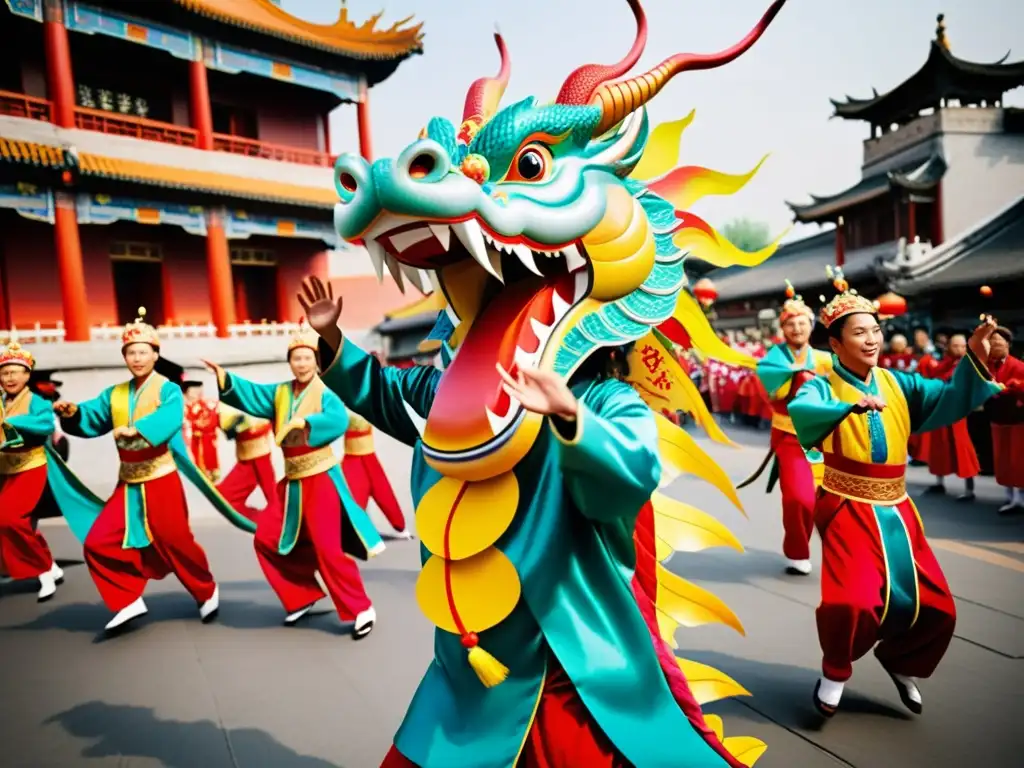 Interpretación cultural de la danza del dragón en las calles de una ciudad china, con coloridos trajes y movimientos sincronizados