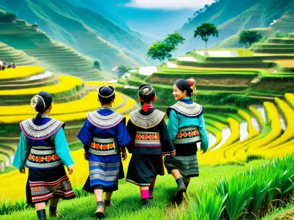 Inmersión cultural en pueblos asiáticos históricos: Mujeres Hmong vistiendo trajes tradicionales, caminando entre campos de arroz en Sapa, Vietnam