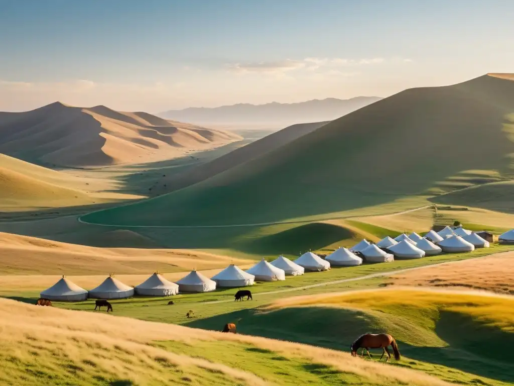 Culturas nómadas en Asia Central: extensas llanuras con yurtas y rebaños bajo el cielo claro y expansivo