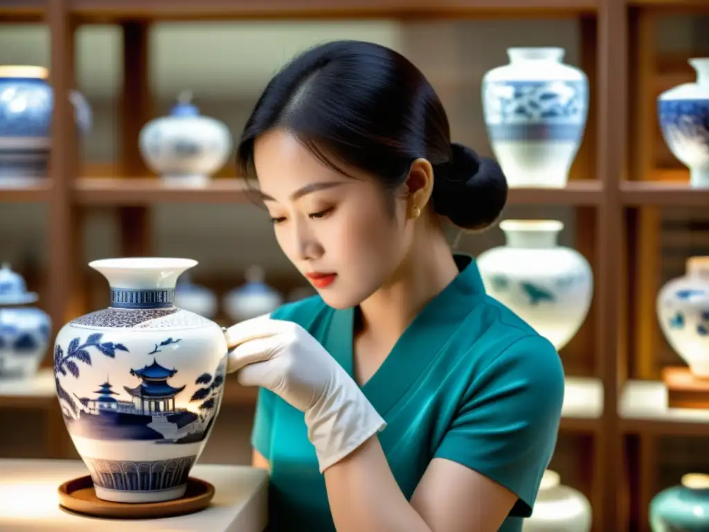 Curador examina con cuidado un delicado jarrón de porcelana china, transmitiendo reverencia y expertise en la conservación cultura asiática museos