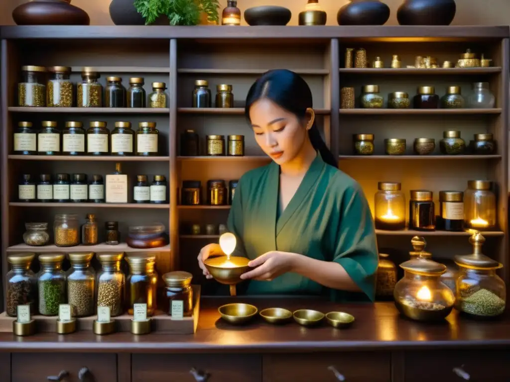 Un curandero tradicional asiático realiza terapias con sanguijuelas orientales en una apotecaría llena de hierbas y plantas secas, iluminado por lámparas de aceite