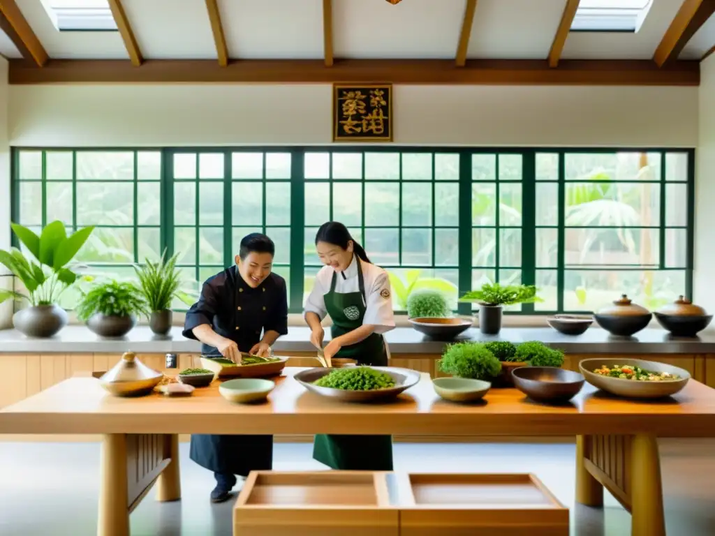 Curso exclusivo de cocina vegetariana asiática en aula decorada con arte y plantas, estudiantes atentos y chef demostrando habilidades culinarias