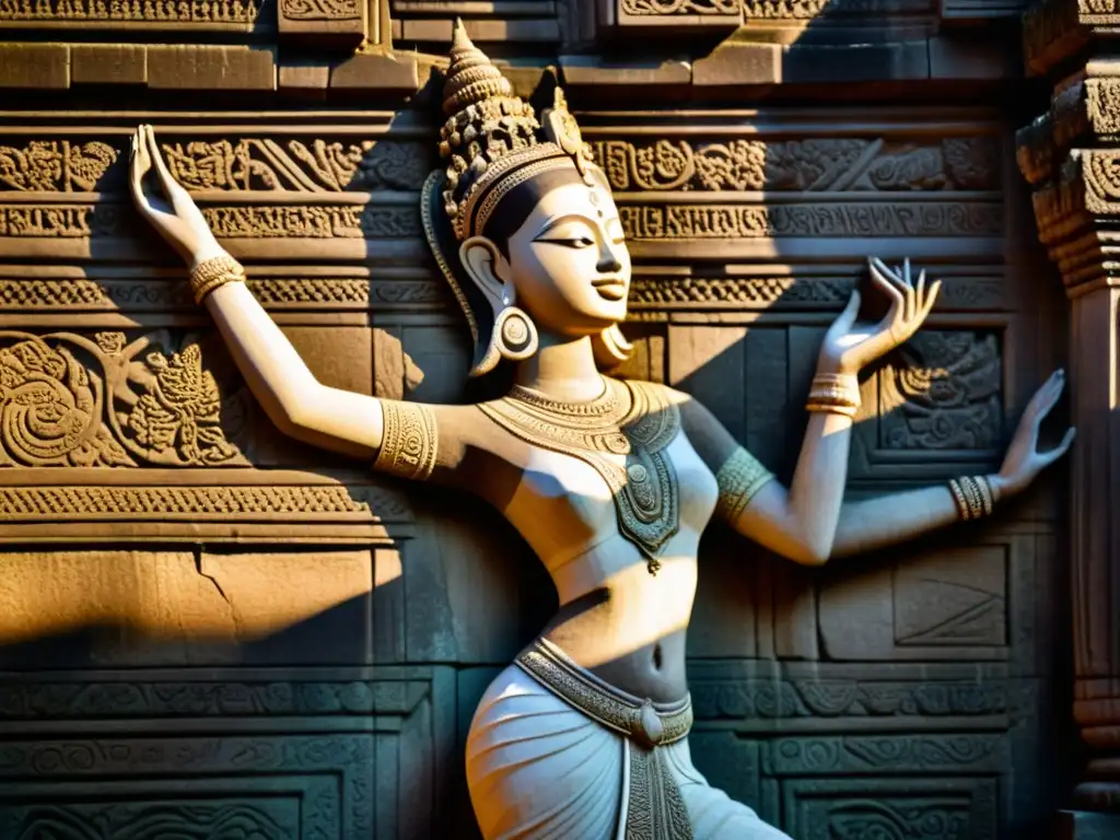 Danza Apsara: escultura de bailarina en Angkor Wat, con detalles delicados y expresión serena, iluminada por suave luz, música camboyana