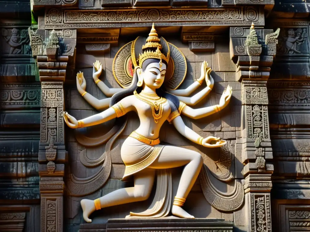 Danza Apsara: una talla de piedra detallada de una bailarina adorna Angkor Wat, capturando la gracia celestial de esta danza tradicional camboyana