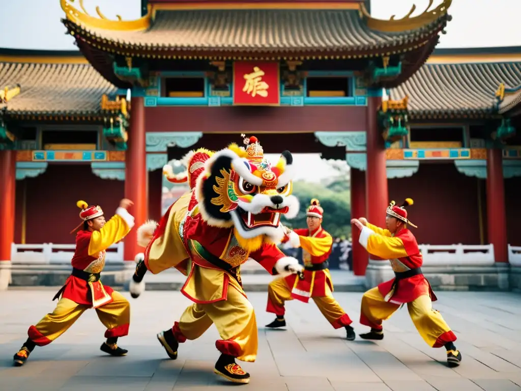 Danza del León estilo Kung Fu: Artistas en trajes tradicionales ejecutan movimientos precisos y poderosos bajo el cálido sol, en un ambiente festivo frente a un templo histórico