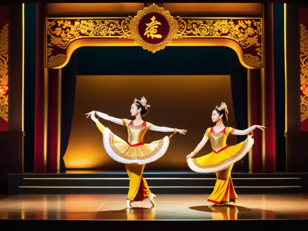 Espectáculo de danza asiática: tradición y elegancia Una danza asiática tradicional cautiva con su impacto en un teatro ornado, fusionando la modernización con las antiguas tradiciones asiáticas