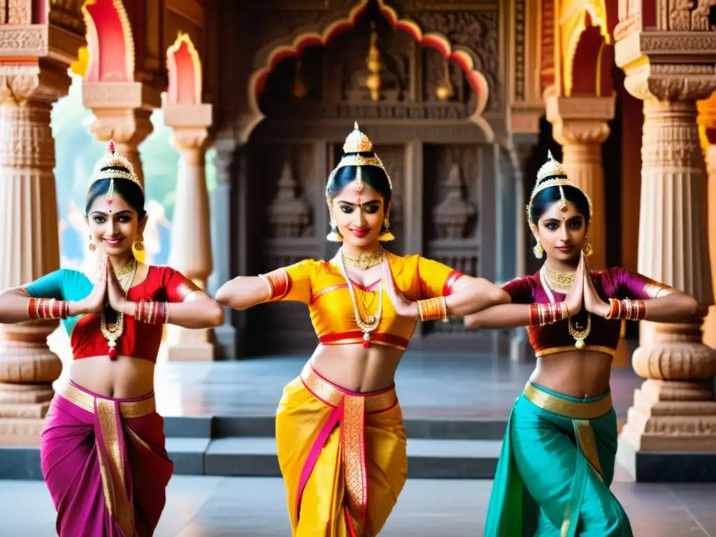 Danza clásica hindú mitología: Bailarinas indias en vibrantes trajes tradicionales, ejecutando mudras y expresiones faciales con gracia, rodeadas de arquitectura de templo ornamentada