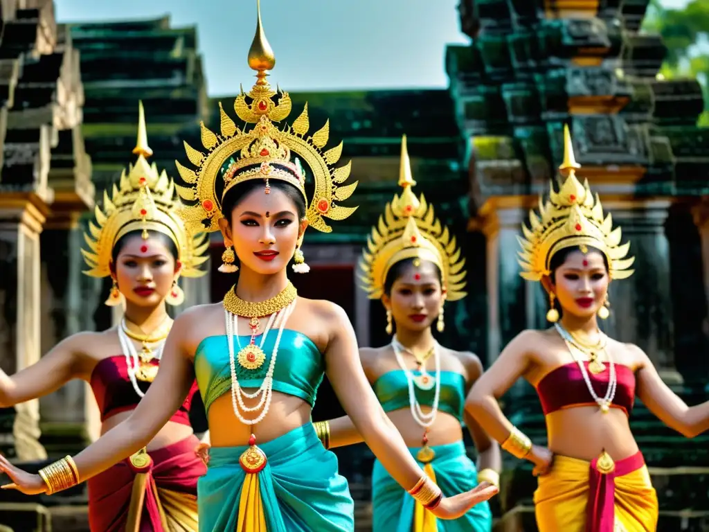 Danza Apsara música camboyana: Troupe danzante con trajes elaborados en ruinas de templo, evocando la belleza celestial y la gracia cultural camboyana