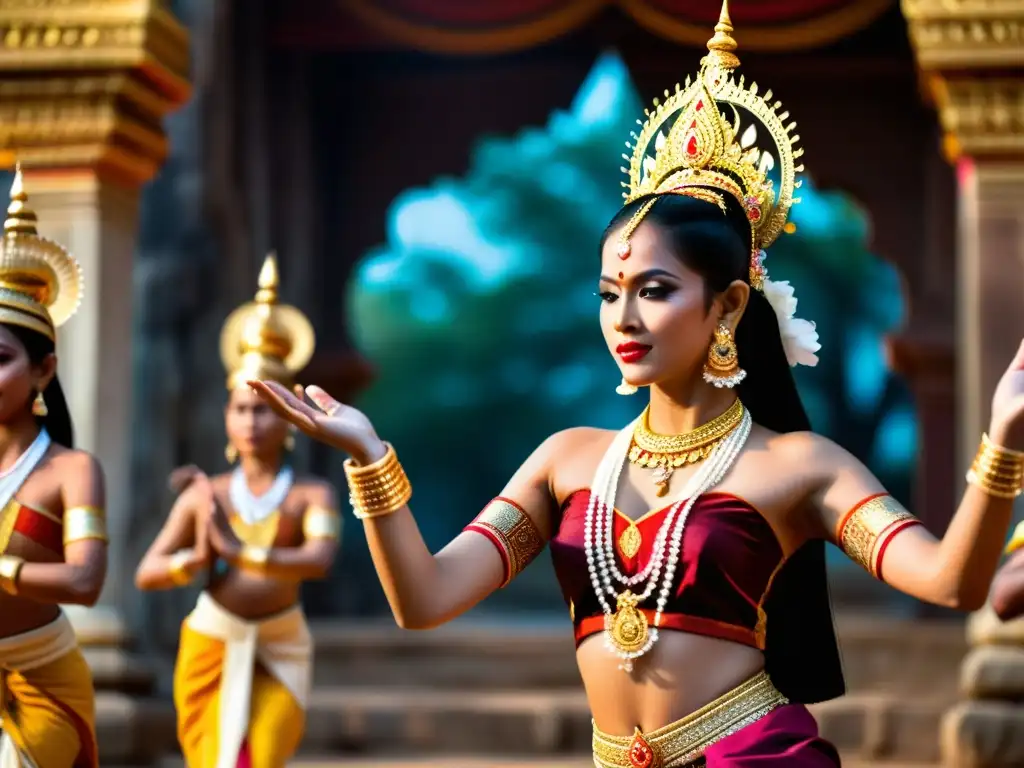 Danza Apsara y música camboyana cobran vida en una imagen detallada de bailarina y músicos en trajes vibrantes y escenario tradicional