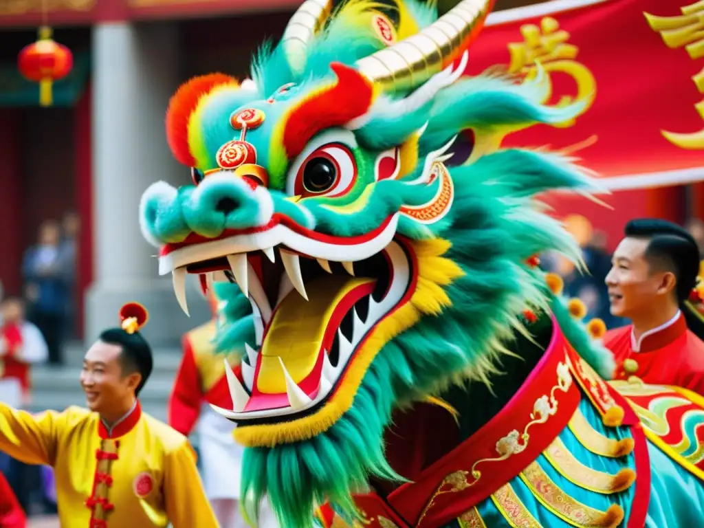 La danza del dragón chino durante el Año Nuevo, con colores vibrantes y movimientos dinámicos