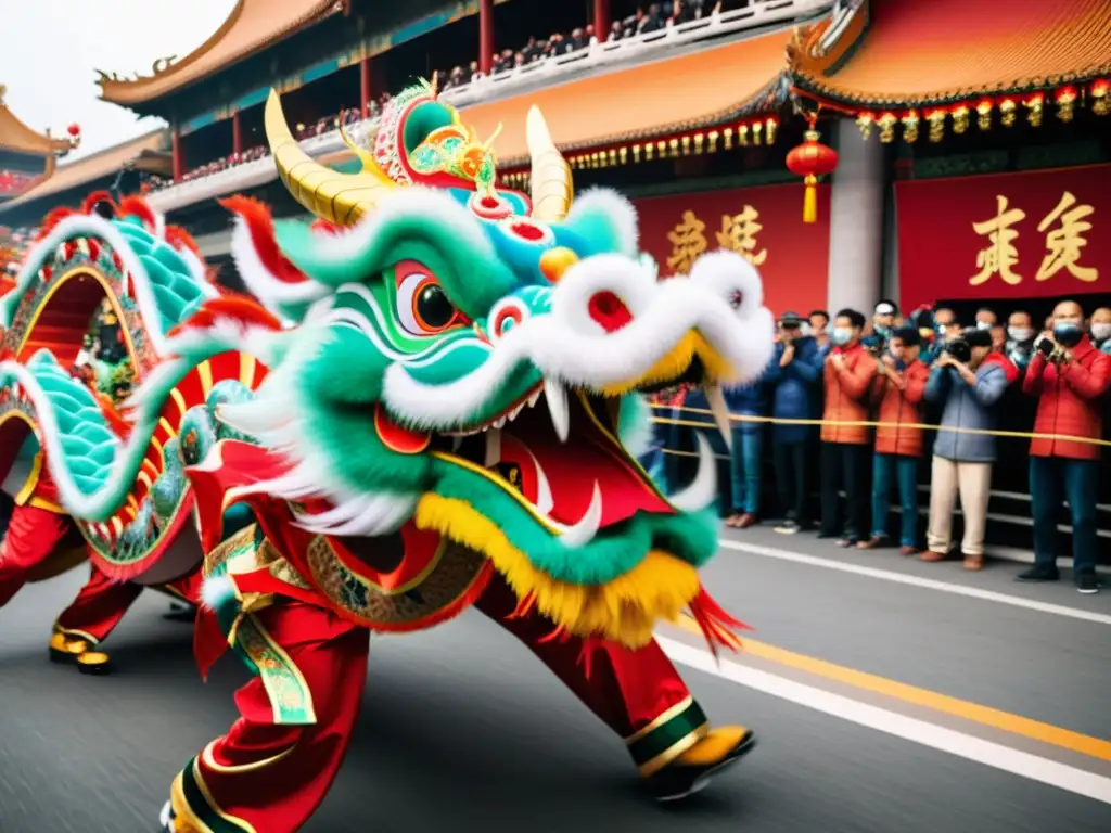 Una danza del dragón chino deslumbrante llena de tradición y color durante una festividad callejera