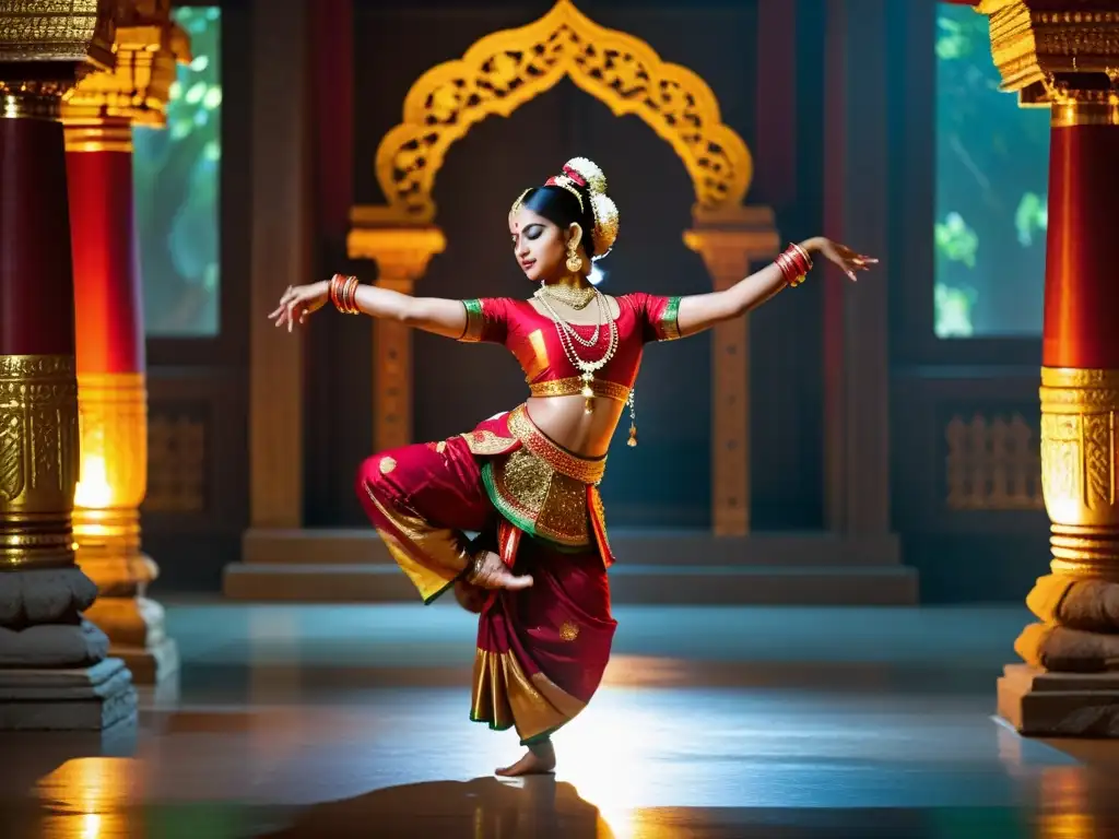 Una danza clásica india divina llena de energía espiritual en un templo adornado