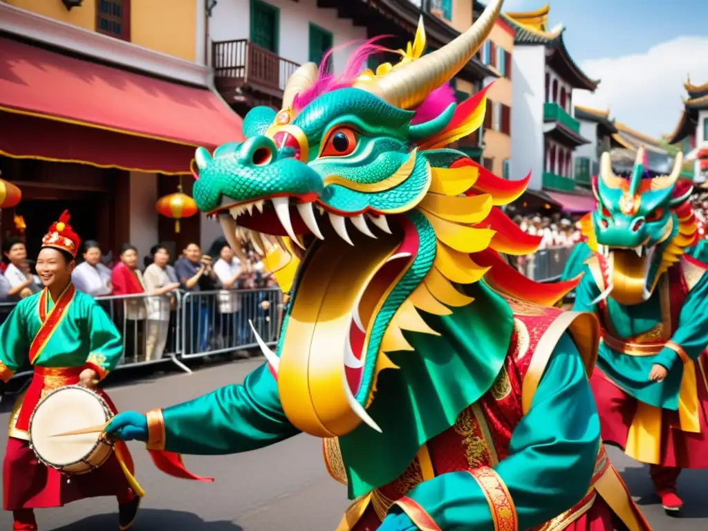 Danza del Dragón tradición asiática: Colorido desfile de danza tradicional asiática con dragones, músicos y espectadores maravillados