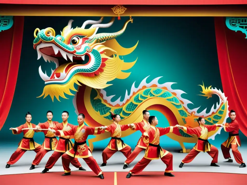 Danza del Dragón Wushu Competencias: Grupo ejecuta la Danza del Dragón con gracia y precisión, destacando el traje vibrante y detallado