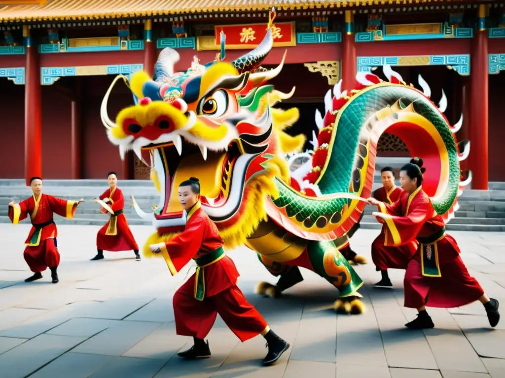 Danza del Dragón Wushu Competencias: Maestro de artes marciales dirige un cautivador baile de dragones con estudiantes en un templo histórico